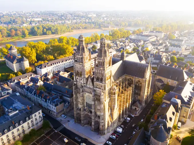 View from drone of Cathedral of St Gatien, Tours, France, on sunrise